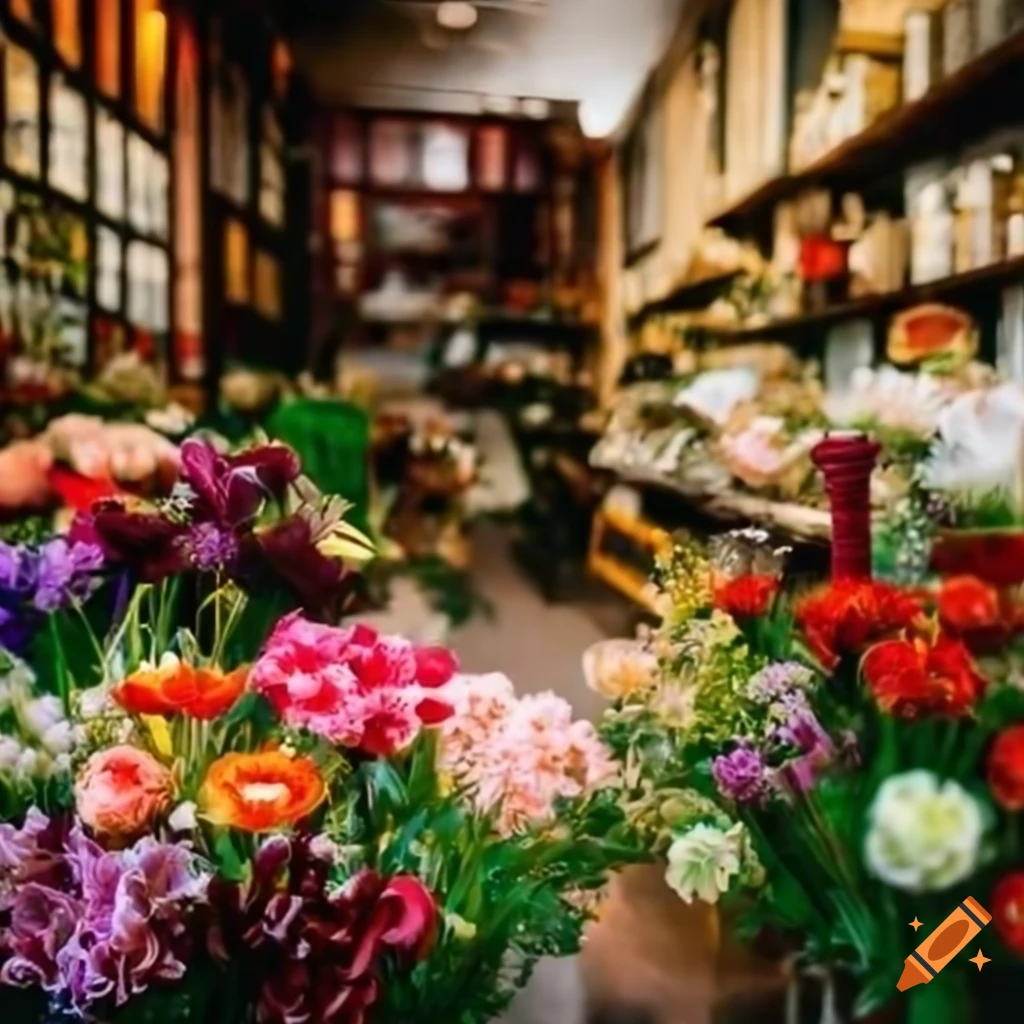 wide angle photo of flowers in a 1920s flower shop
