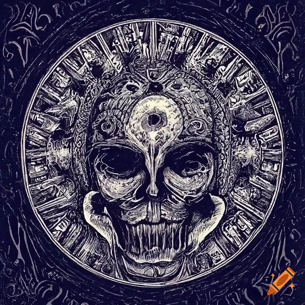 intricate pen and ink drawing of the doom of the world