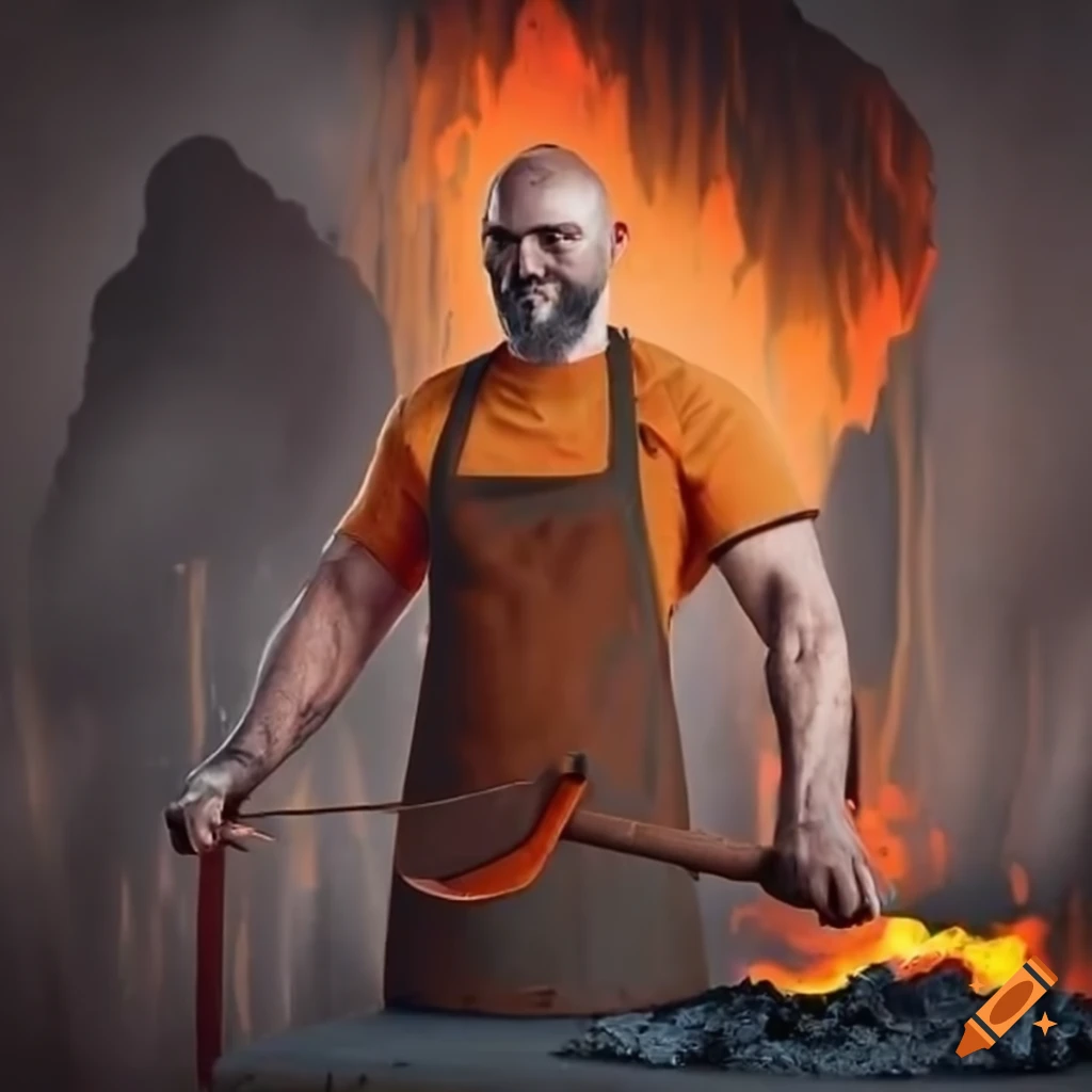 blacksmith forging metal with a volcanic backdrop