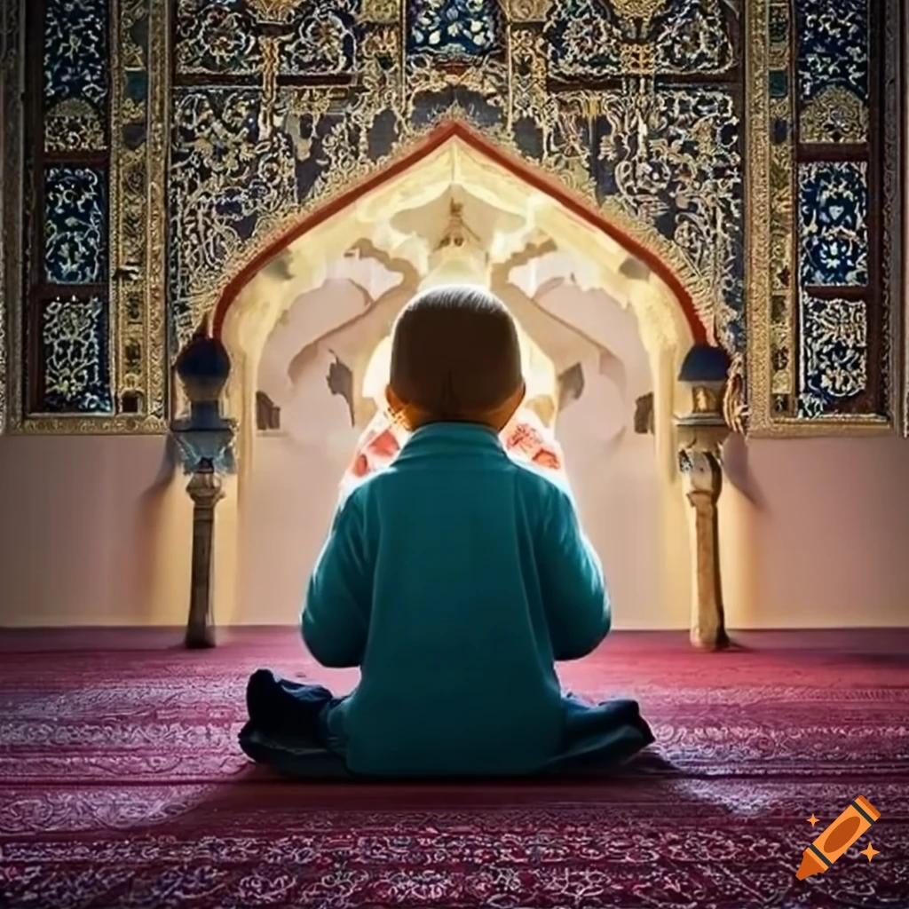 child praying on prayer rug in a mosque