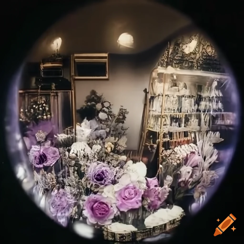 fisheye view of a 1920s Balenciaga flower shop