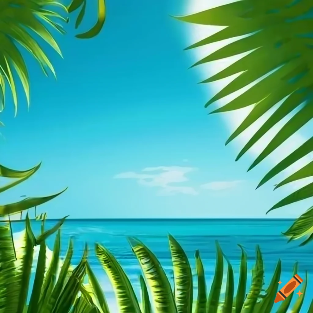 tropical leaf border with ocean and blue sky