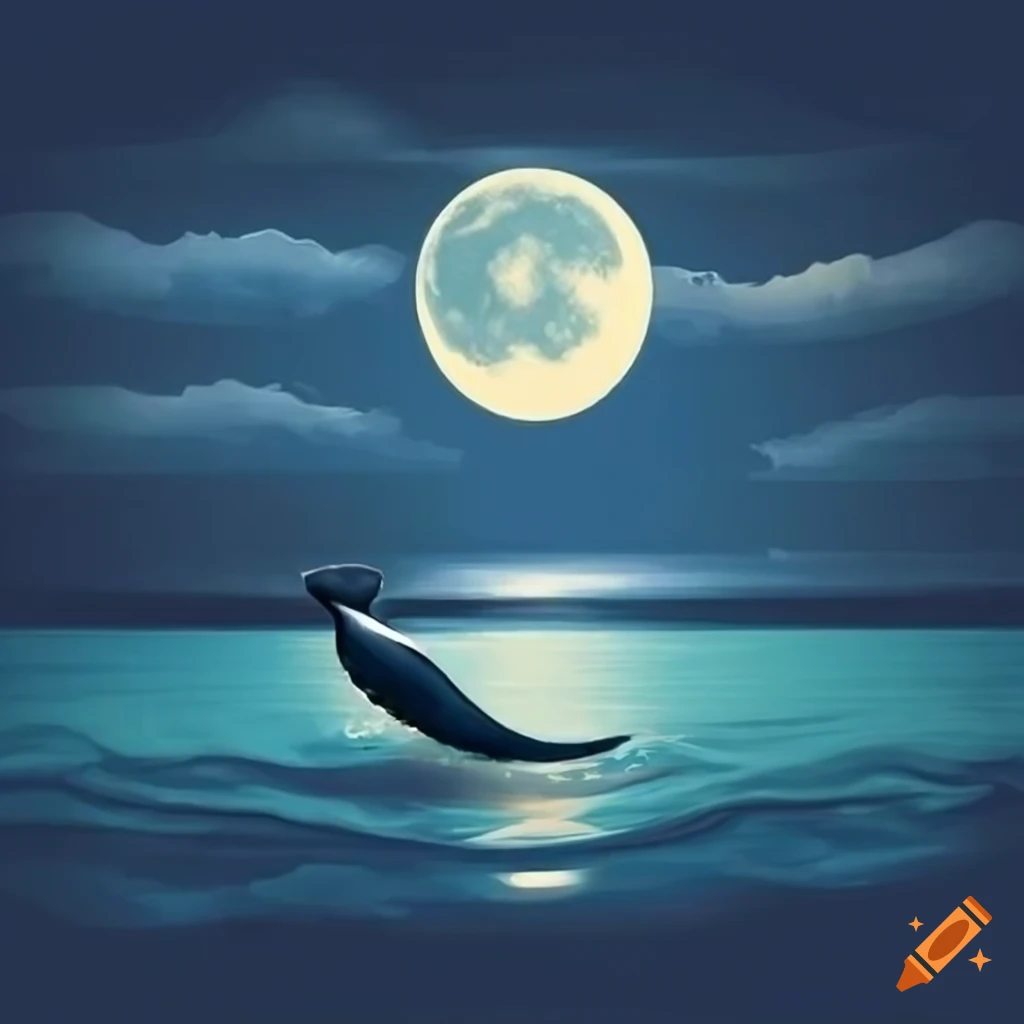 blue moonlit night with bird and whale on sea