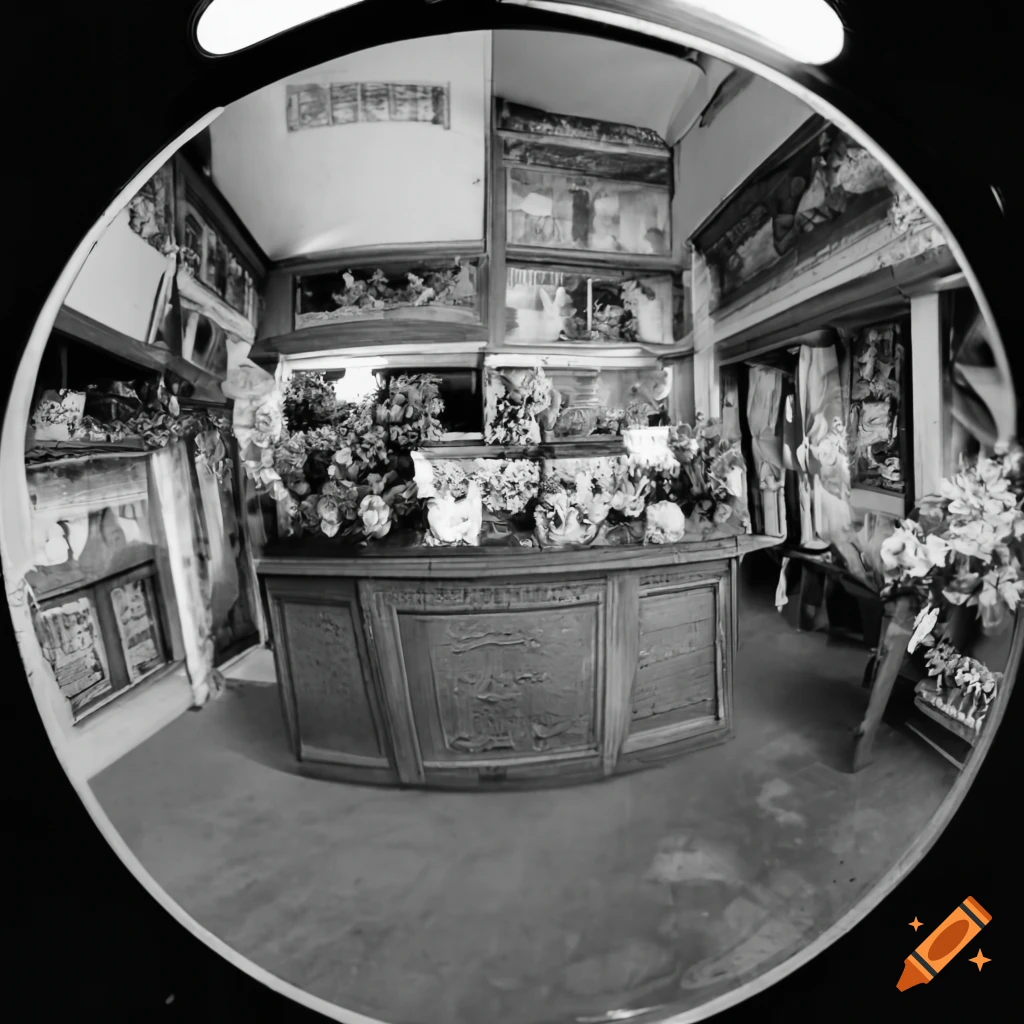 fisheye view of a 1920s flower shop