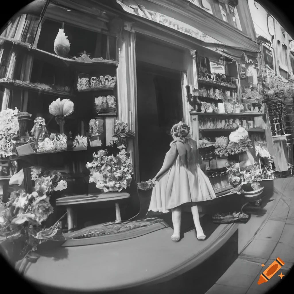 vintage fisheye view of a 1920s flower shop