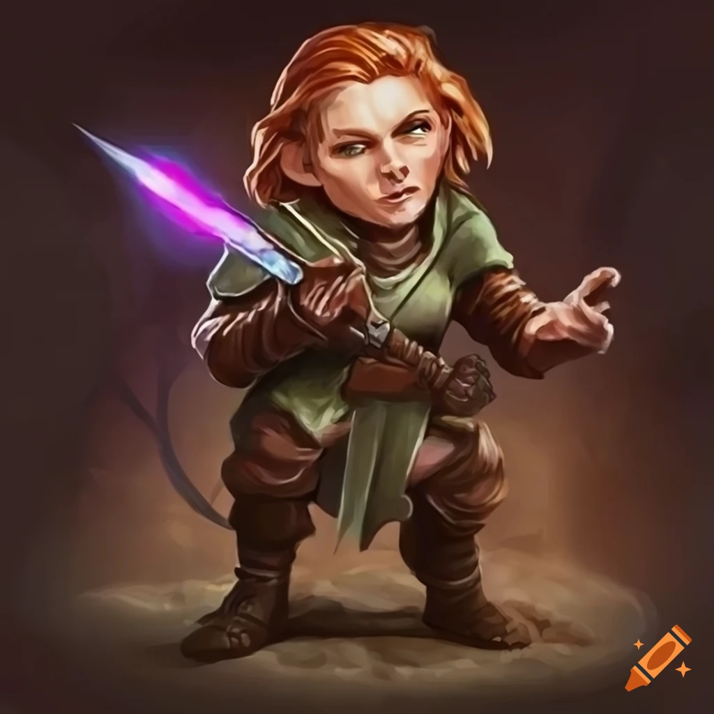 image of a halfling rogue with glowing magic knives