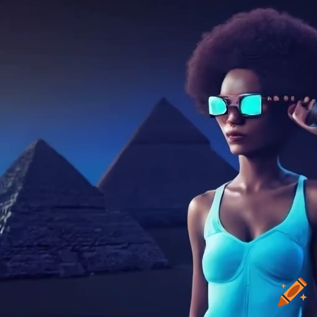 futuristic black woman with glasses near pyramids