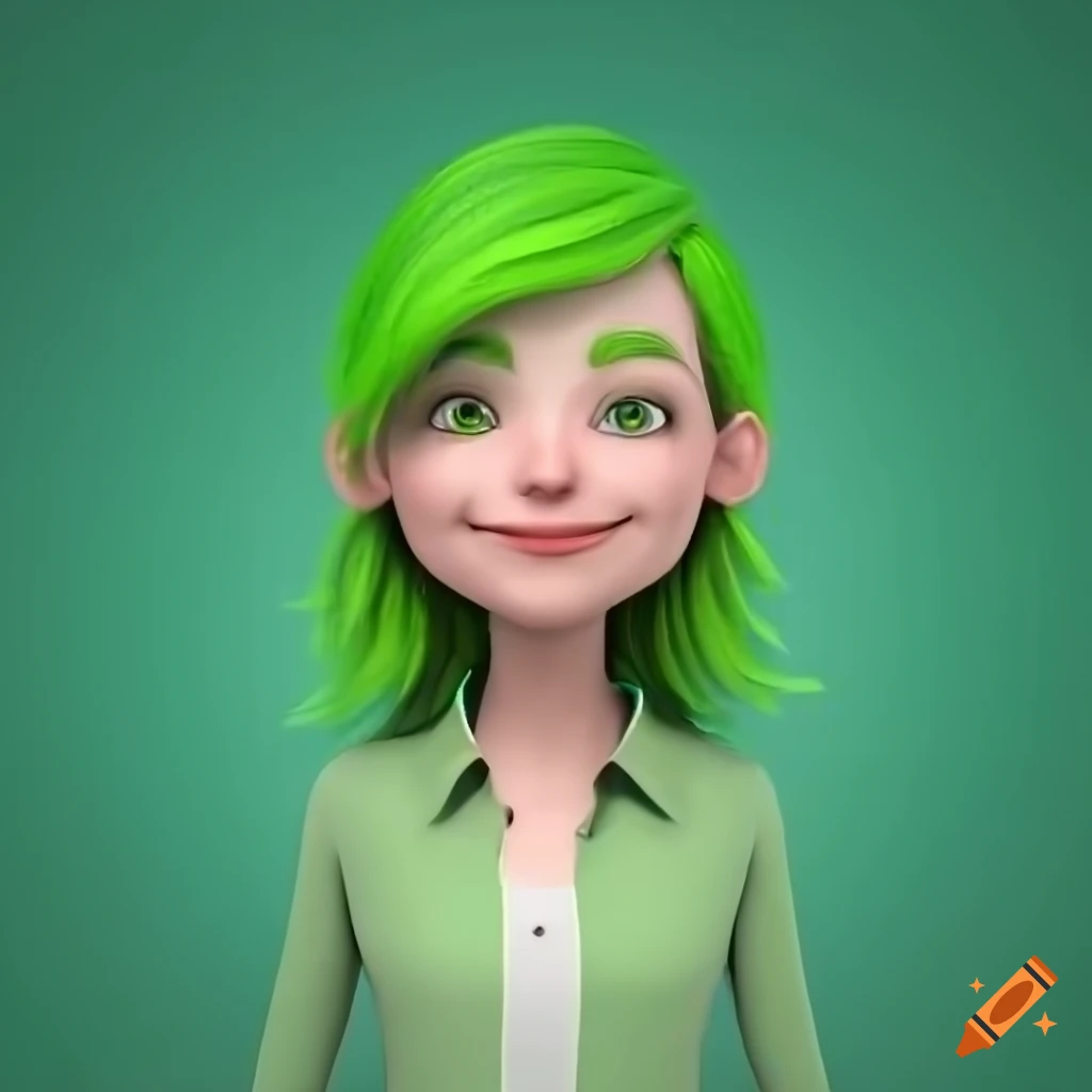 3D cartoon character with green hair and vibrant outfit