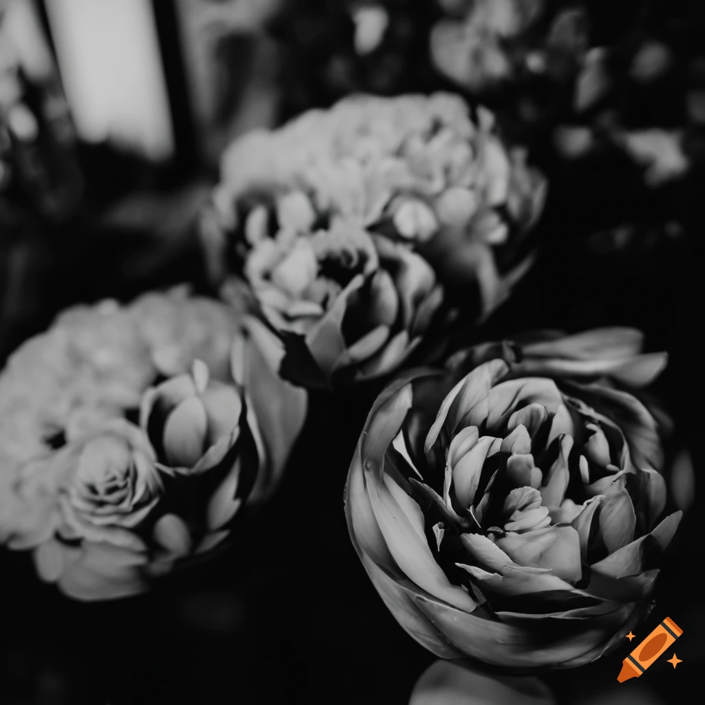 black and white photo of flowers in a flower shop