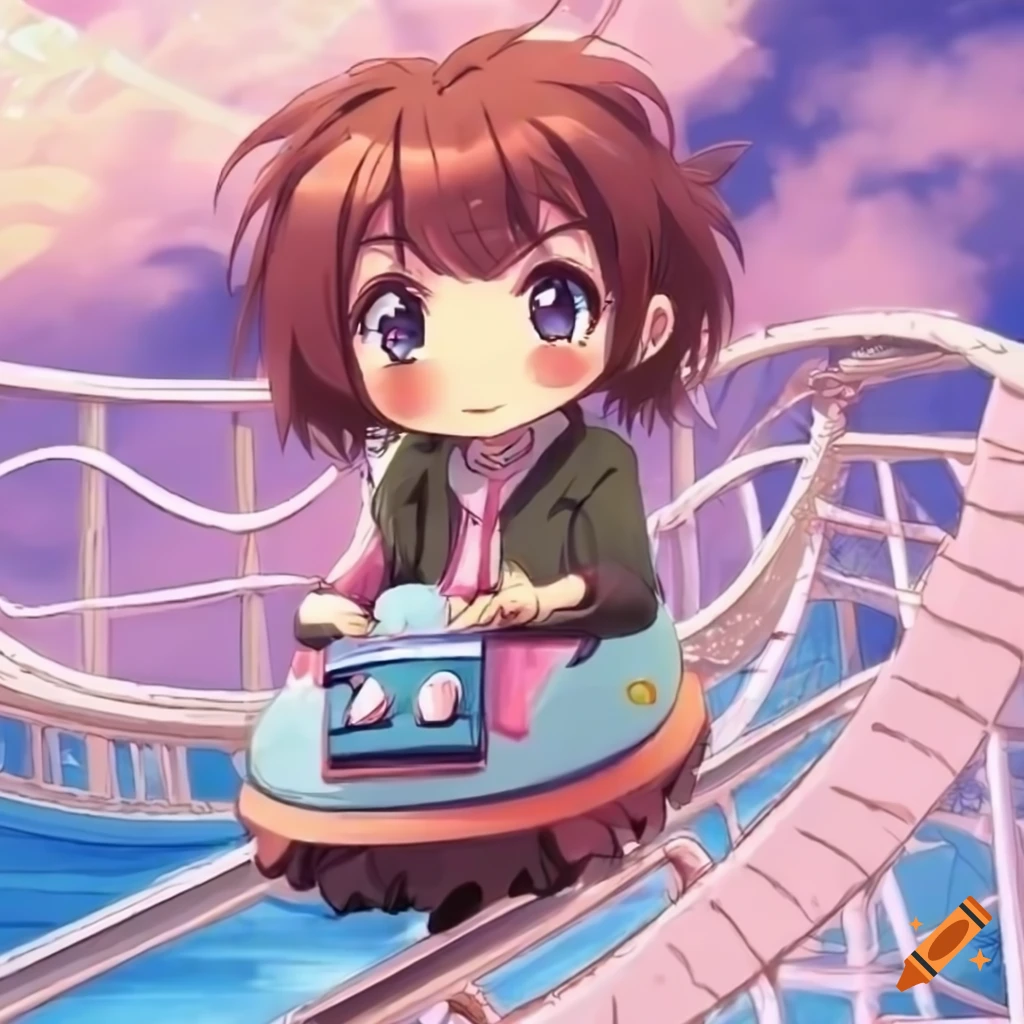 chibi anime character enjoying a rollercoaster ride