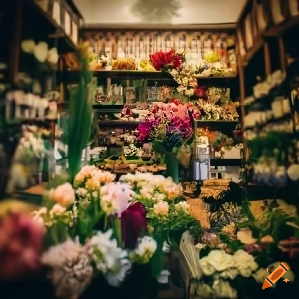 1920s flower shop with beautiful flowers in bloom