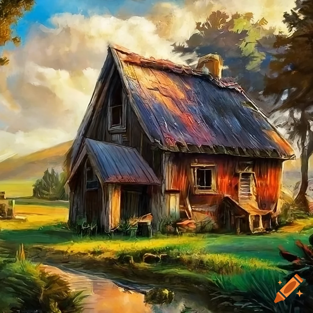 digital fantasy art of a colorful farmhouse