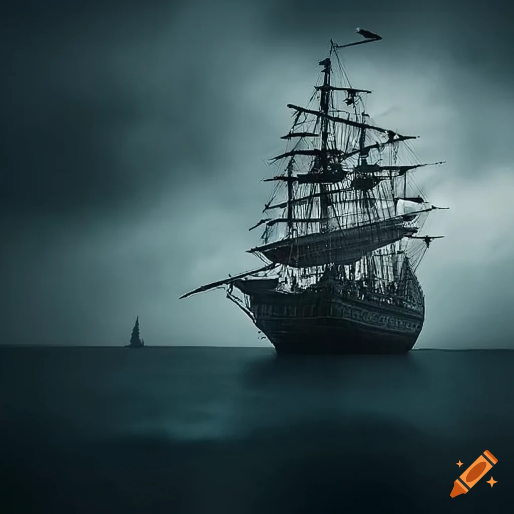 hauntingly beautiful pirate ship sailing under a dark sky