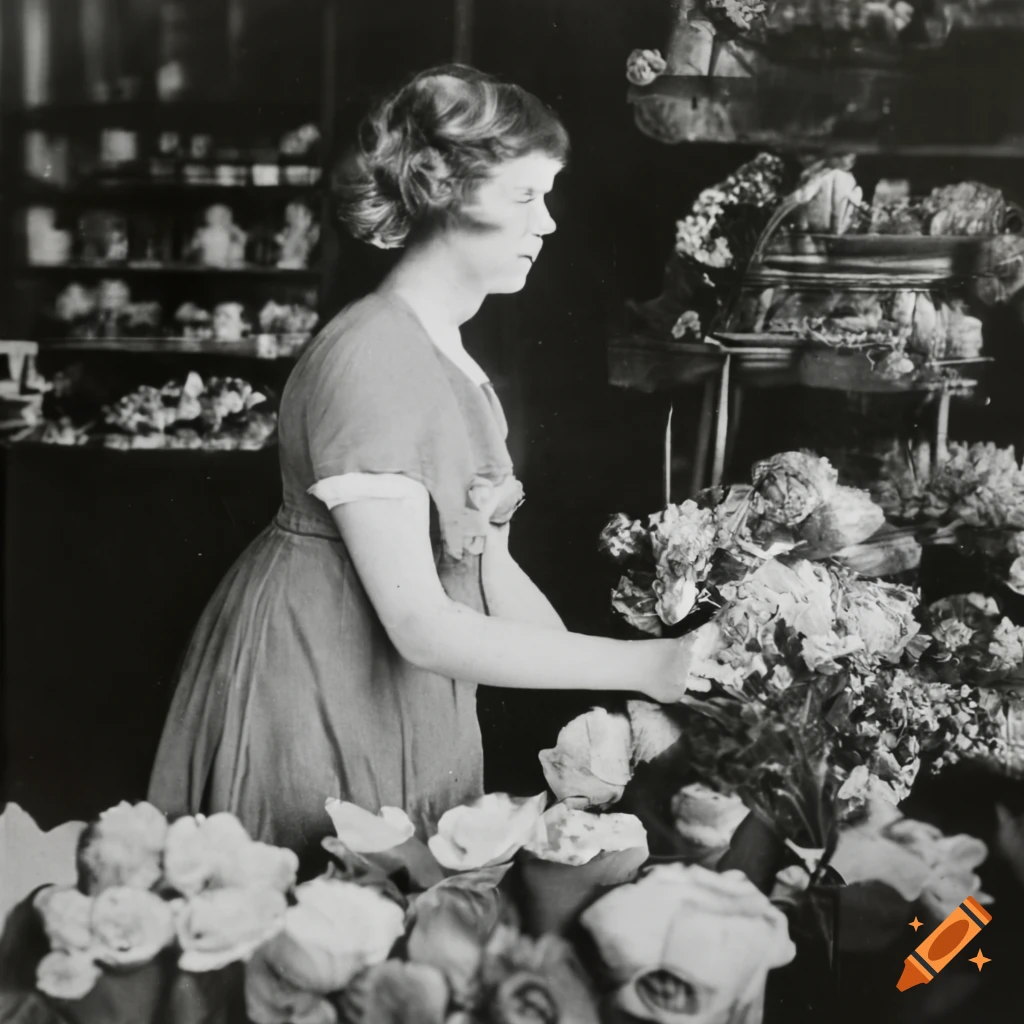 fisheye photo of a saleswoman in a flower shop