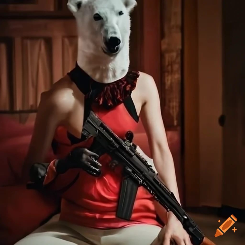 humor illustration of a polar bear with vodka and AK47