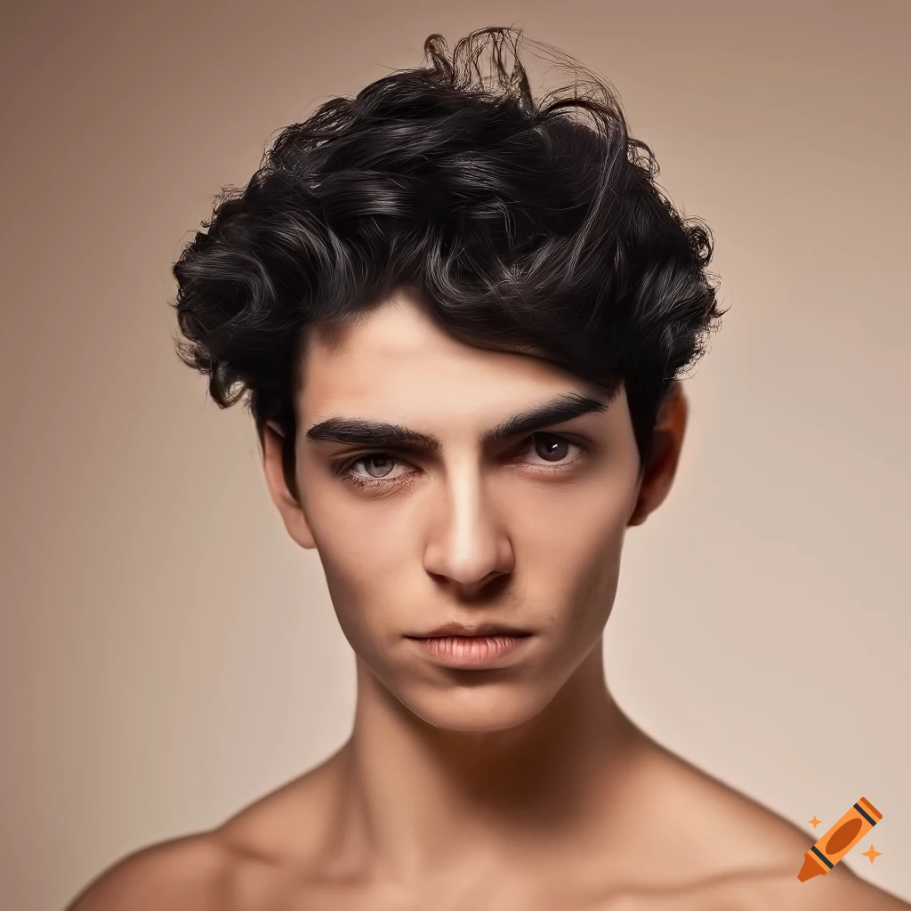 portrait of a young athletic man with wavy black hair