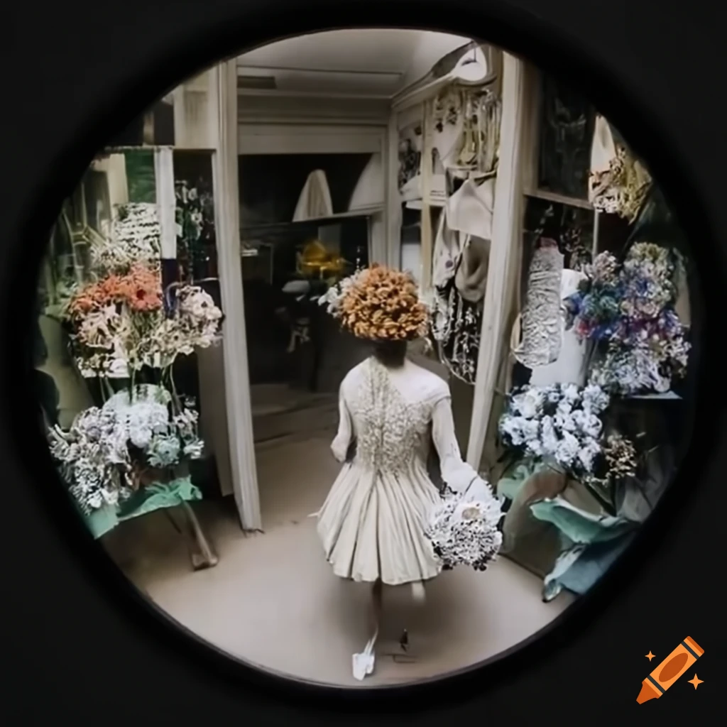 fisheye view of a 1920s Balenciaga flower shop