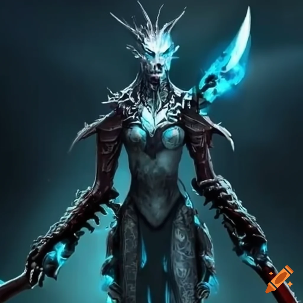 artwork of a demonic android with a magic spear in a storm