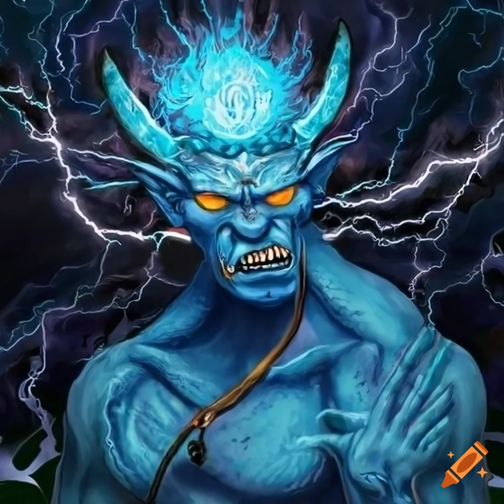 artwork of a blue oni in a thunderstorm
