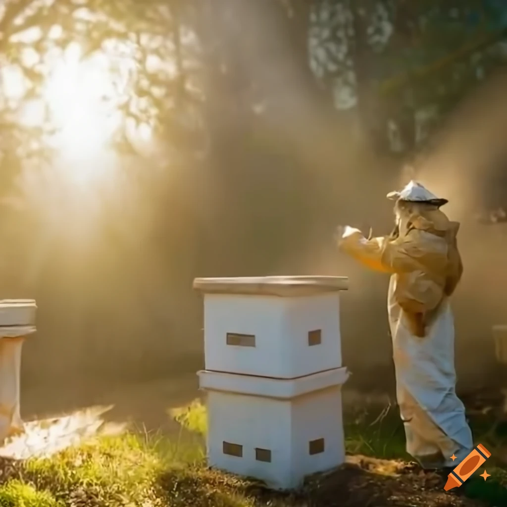 romantic scene of beekeepers near bee hives