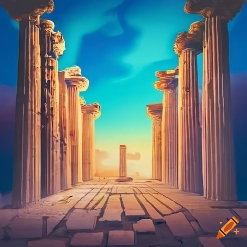 faded background of Ancient Greek temples for children's book