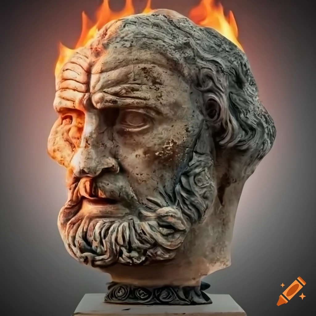 ancient Greek bust of an old man with flaming face