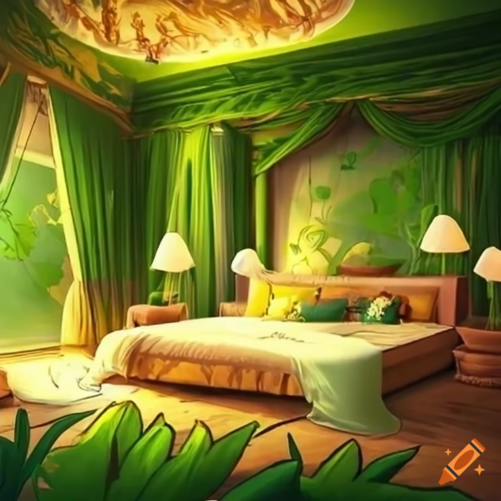 Anime royal bedroom with lush green plants on Craiyon