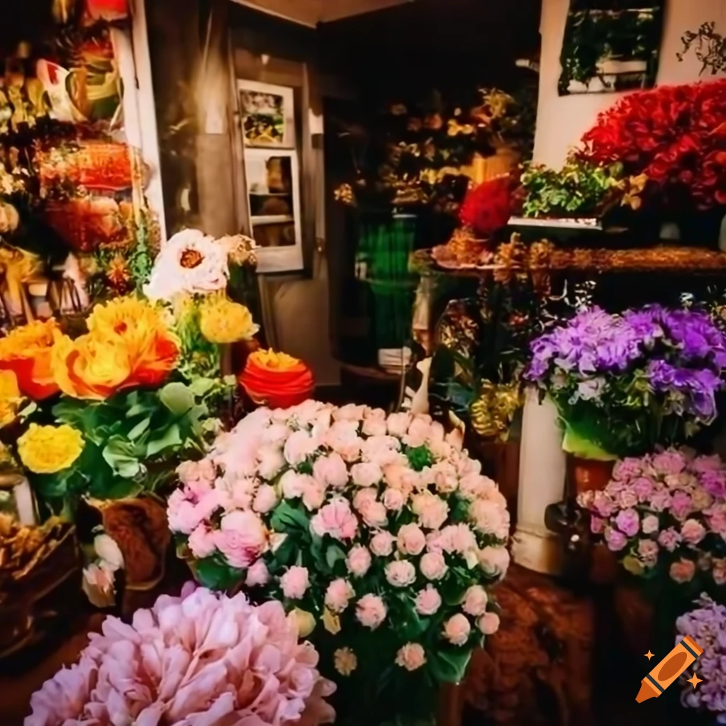 wide angle view of flowers in a 1920s flower shop