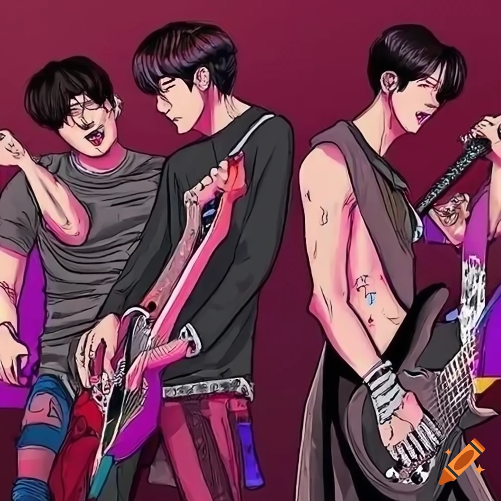 webtoon style illustration of a Korean rock band