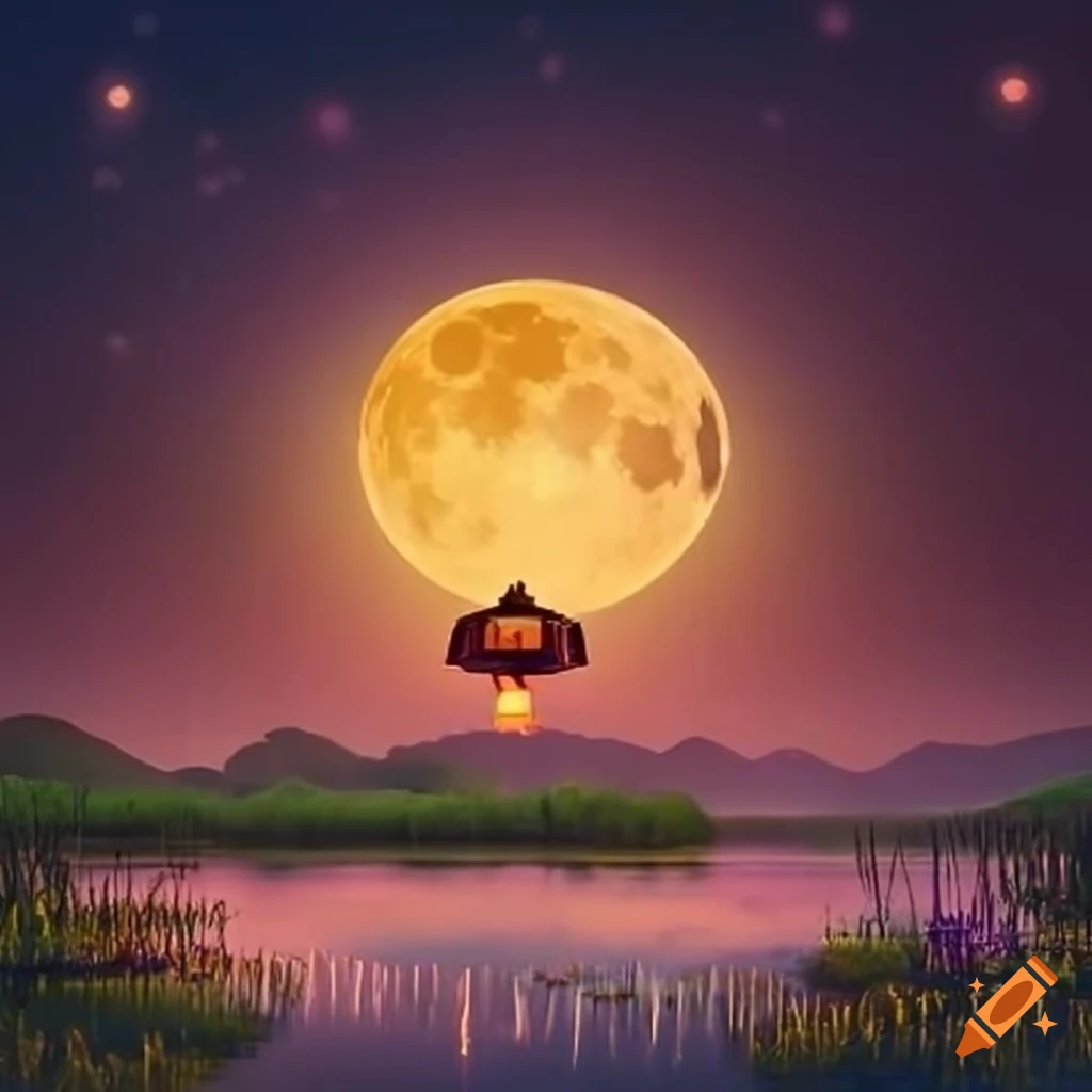 harvest moon reflection on lotus lake