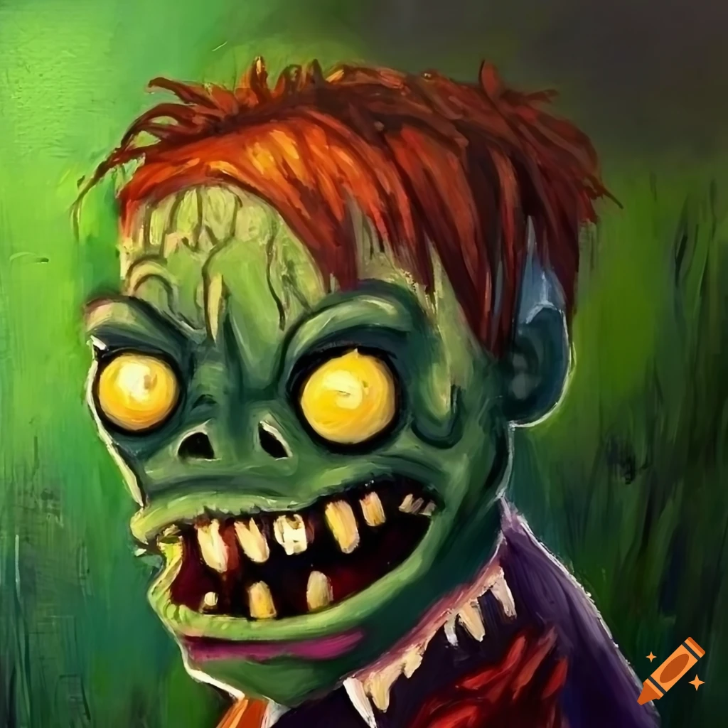impressionist painting of a thoughtful Plants vs Zombies zombie