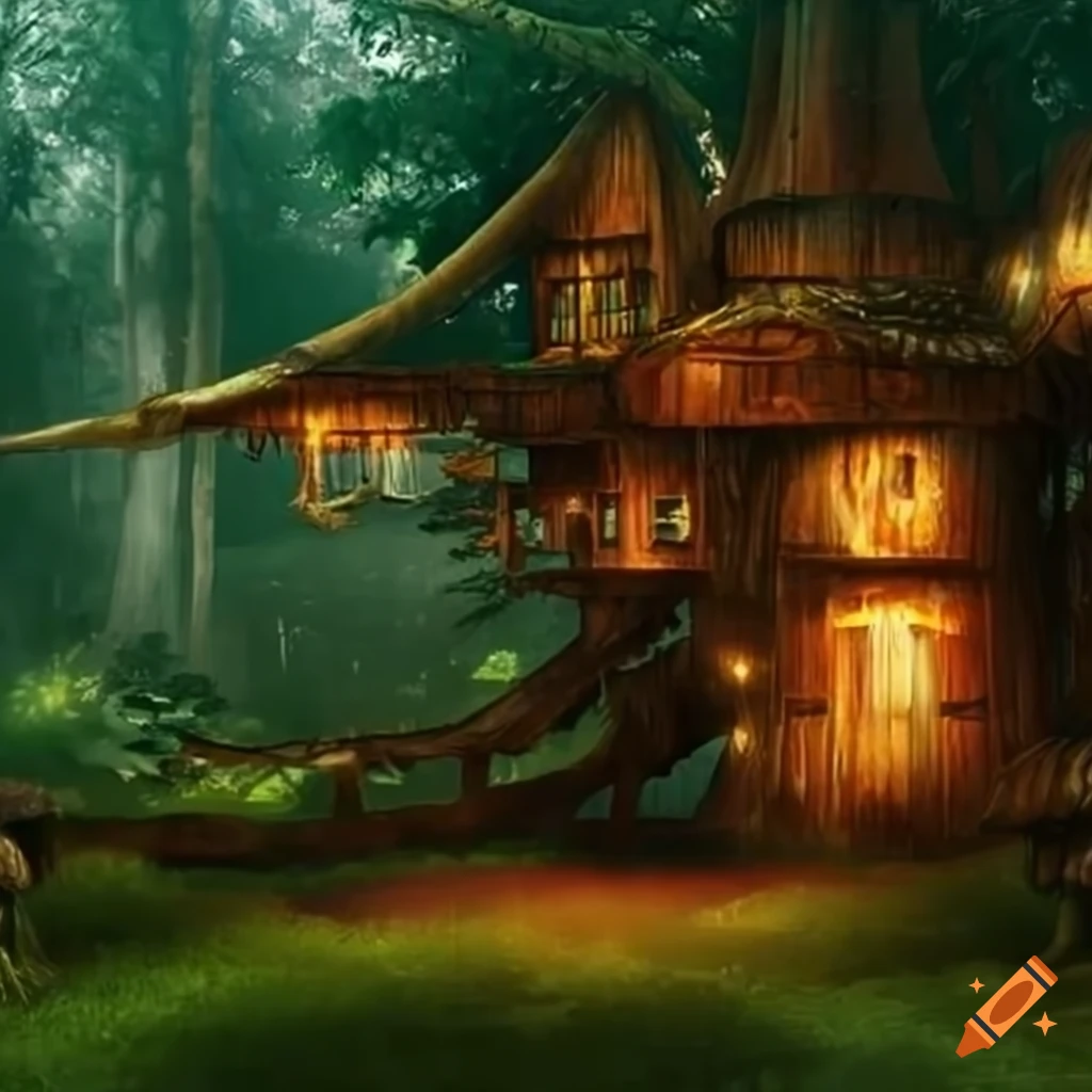 fantasy treehouse in a large forest garden