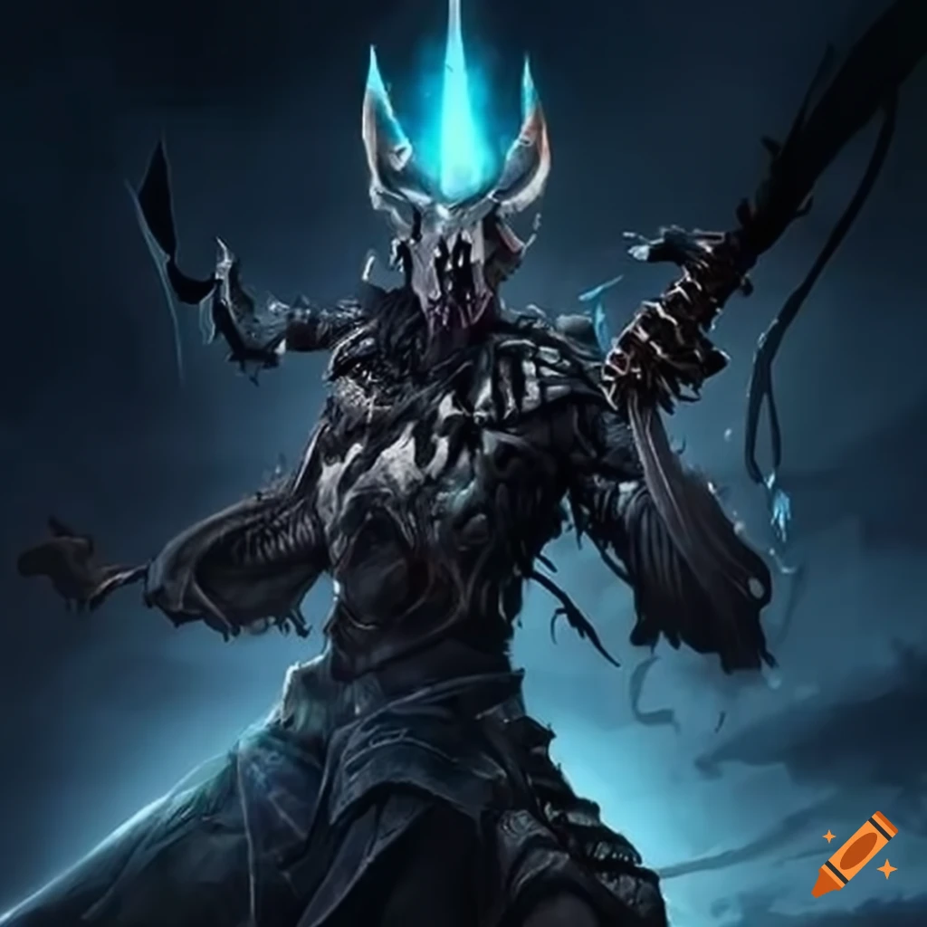 artwork of a demonic android with a magic spear in a storm