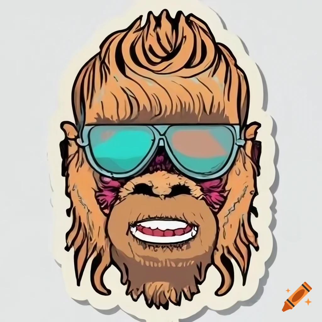 sticker of a happy bigfoot with beard and sunglasses