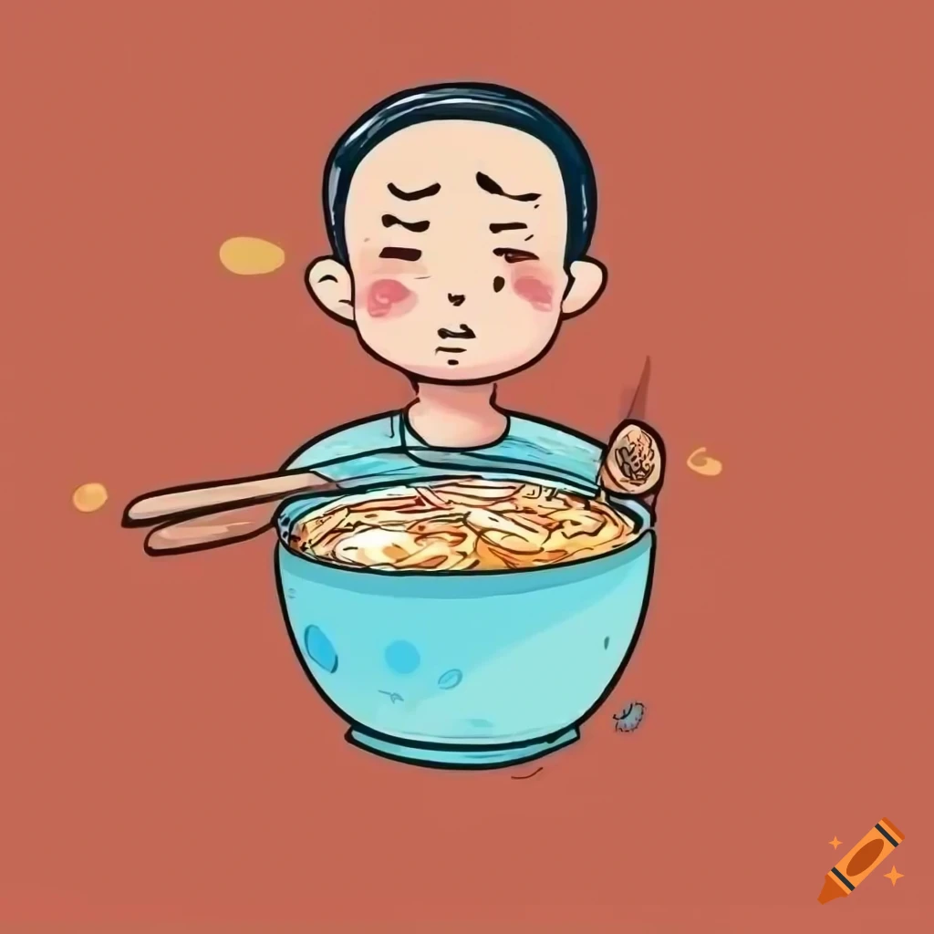 hand-drawn illustration of a cute Chinese character holding a bowl of ramen noodles