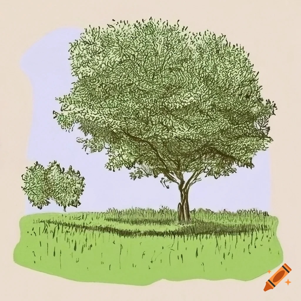pencil sketch of trees in a colorful park