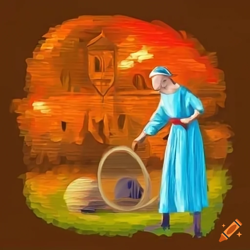 artwork of a medieval farmer under a glass dome