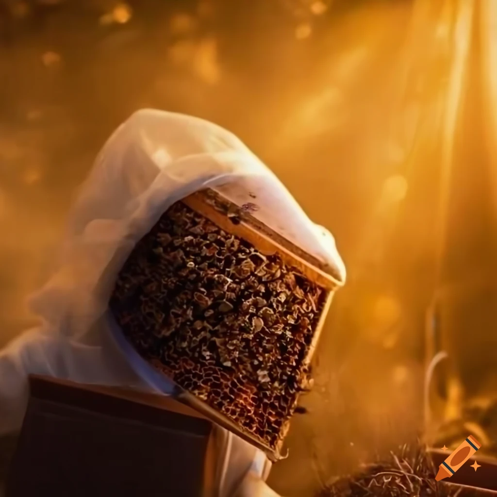 romantic scene of beekeepers near bee hives