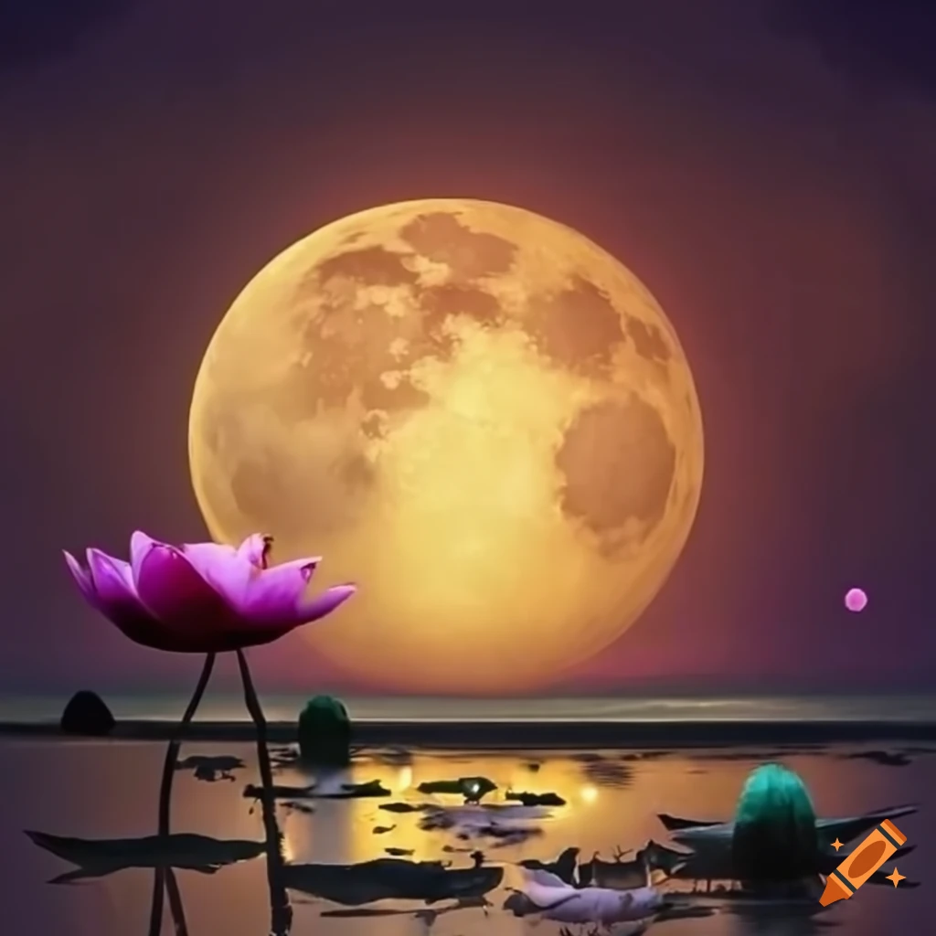 harvest moon reflection on lotus lake