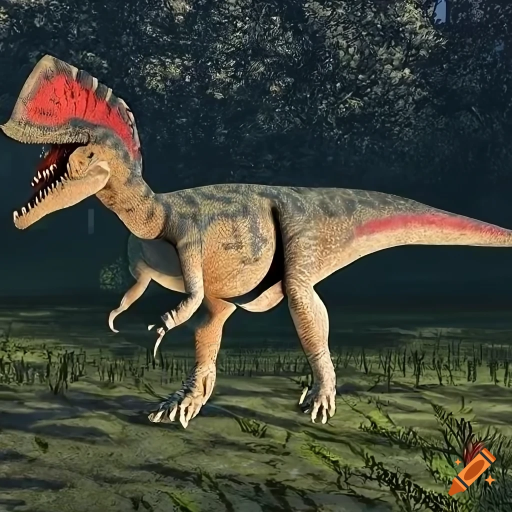 full body view of a colorful Dilophosaurus