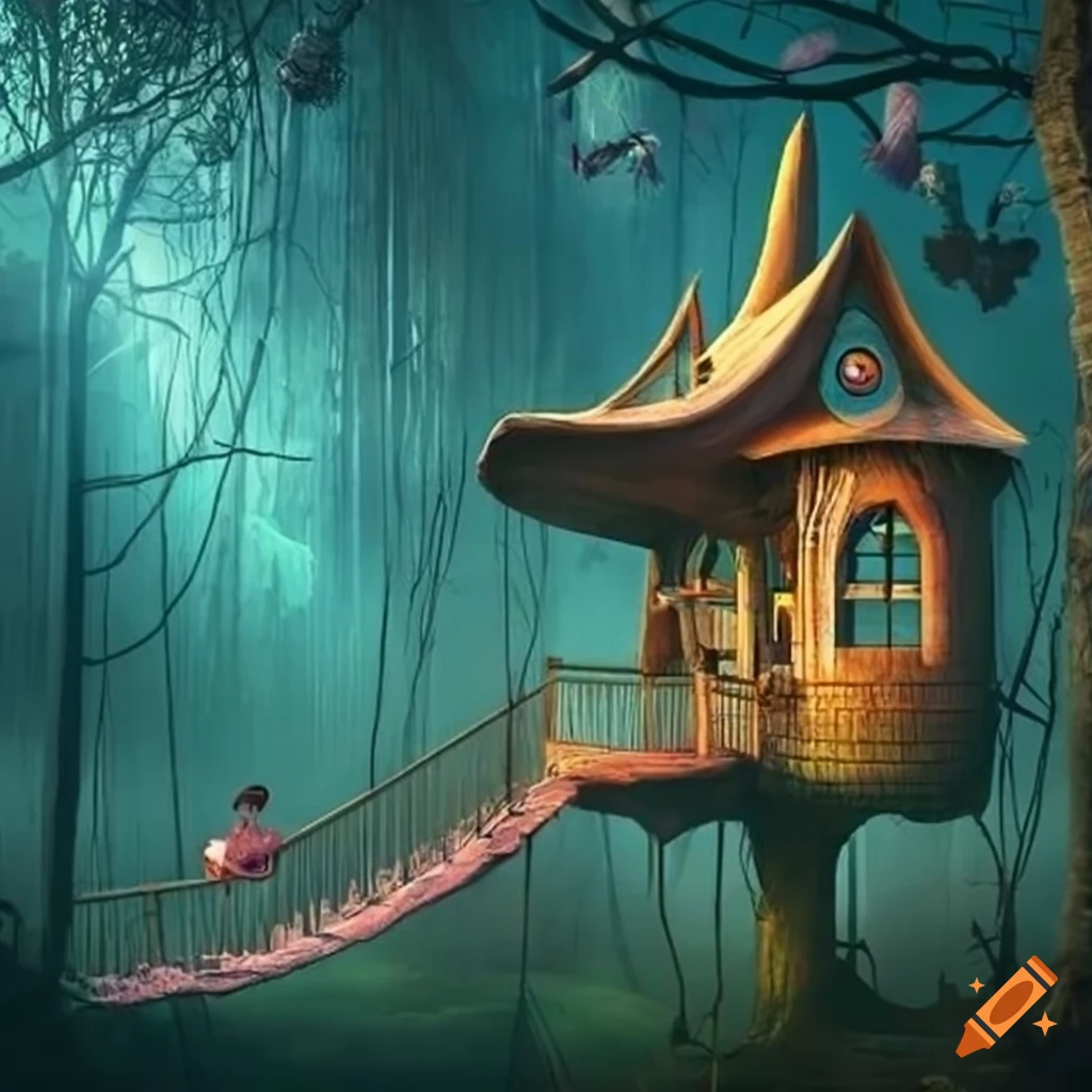 artwork of a whimsical treehouse in a magical forest