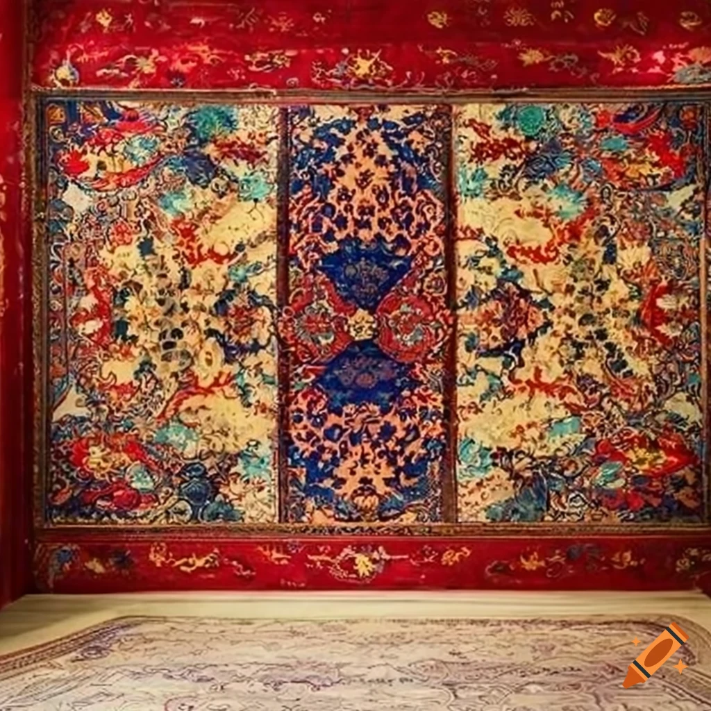cozy room with vibrant asian wall paintings and turkish carpet