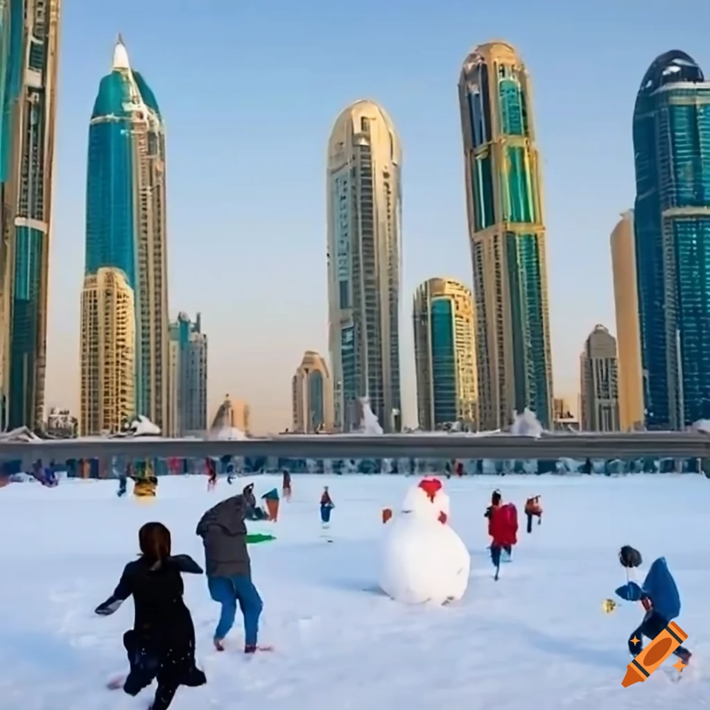 winter scene in Dubai Marina with people playing in the snow