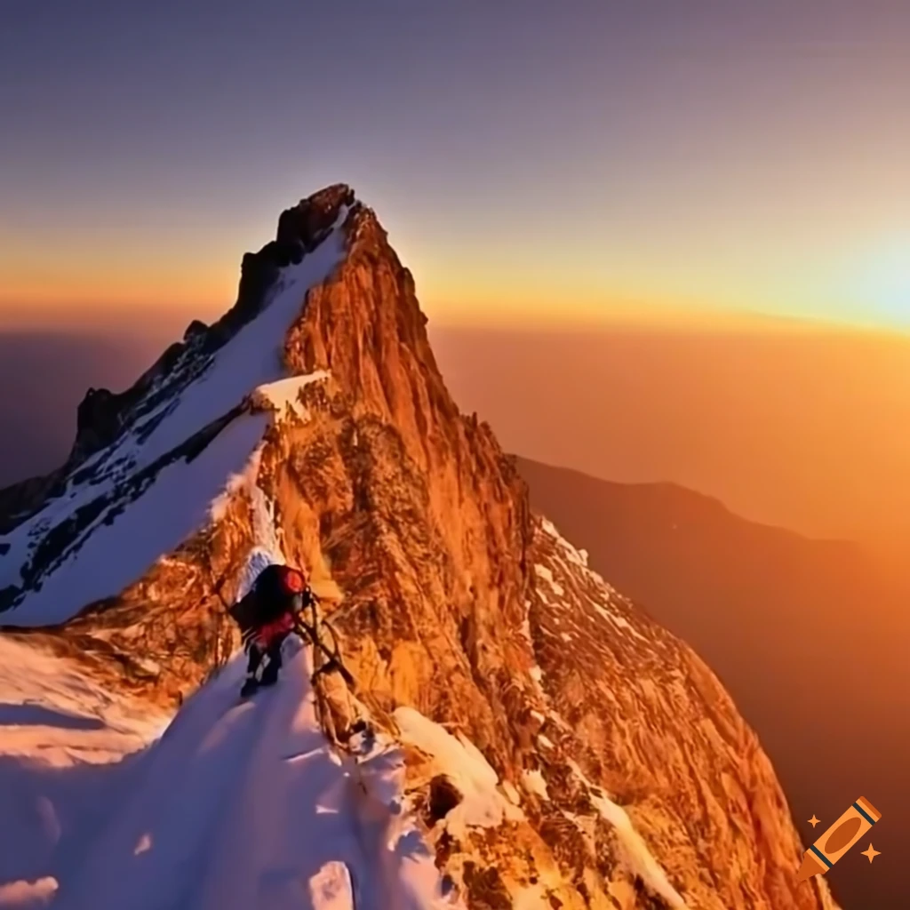 mountaineer on the top of a sharp mountain at sunset