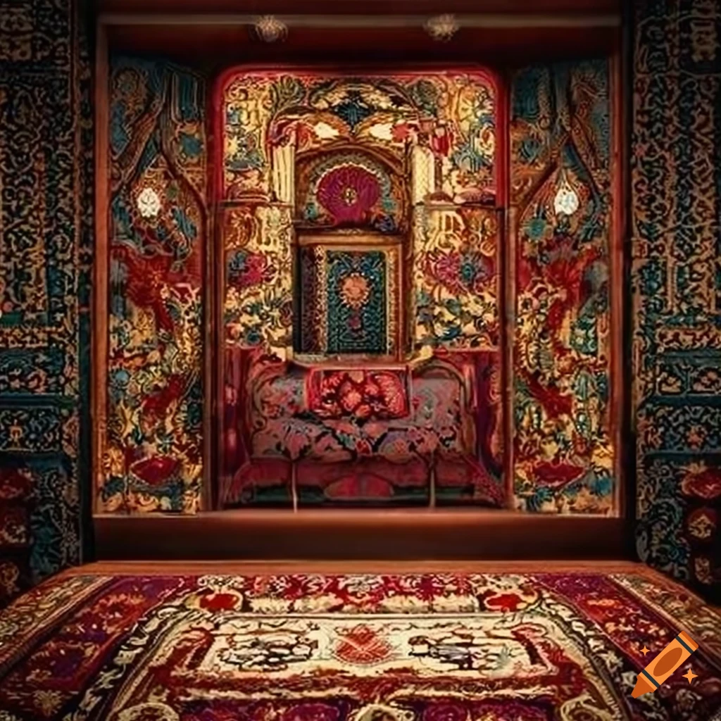 cozy room with vibrant asian wall paintings and turkish carpet