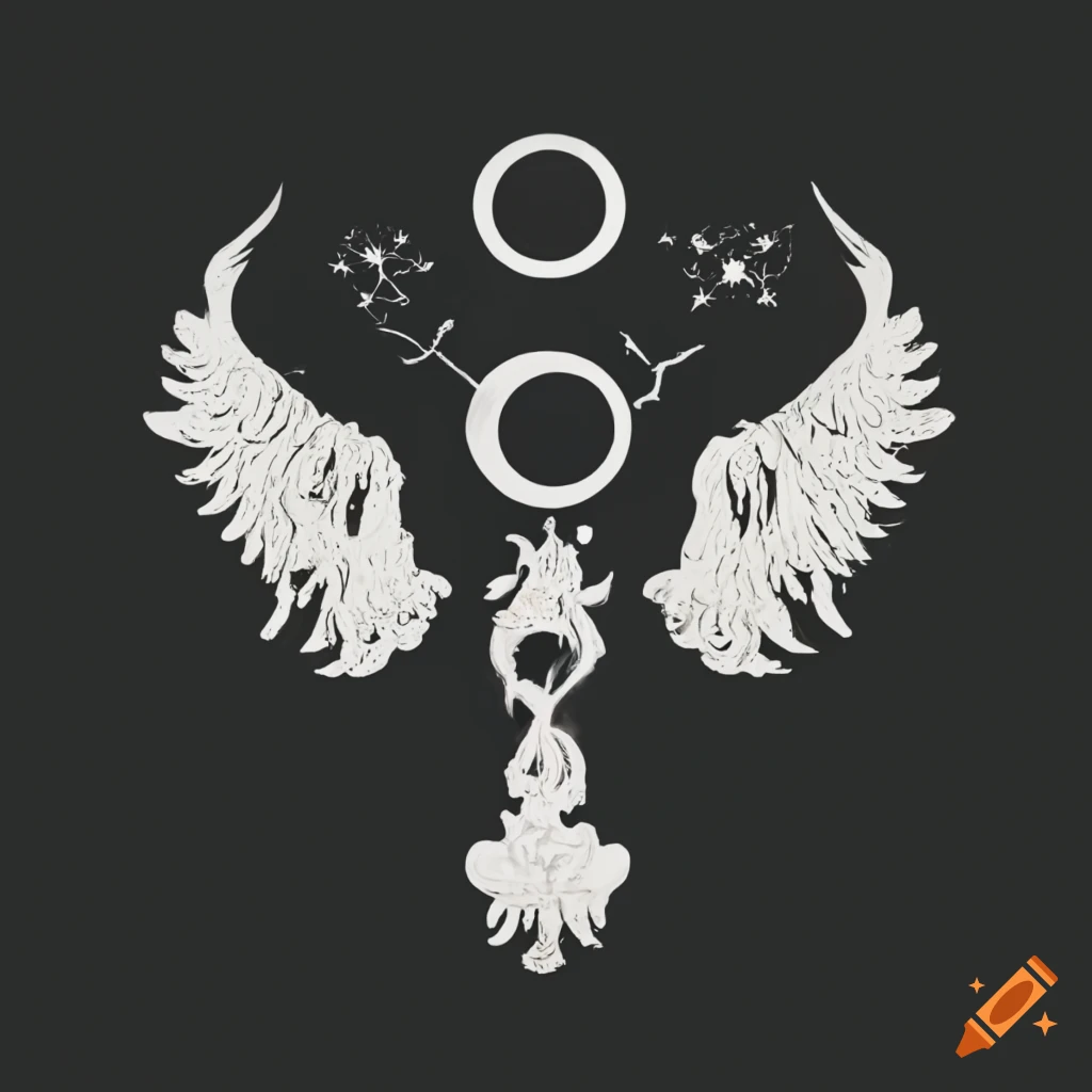 simple white logo with a tree and an angel