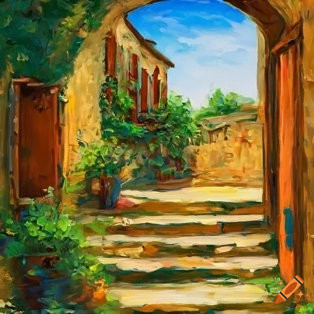 oil painting of a Tuscany home with flowers and arch