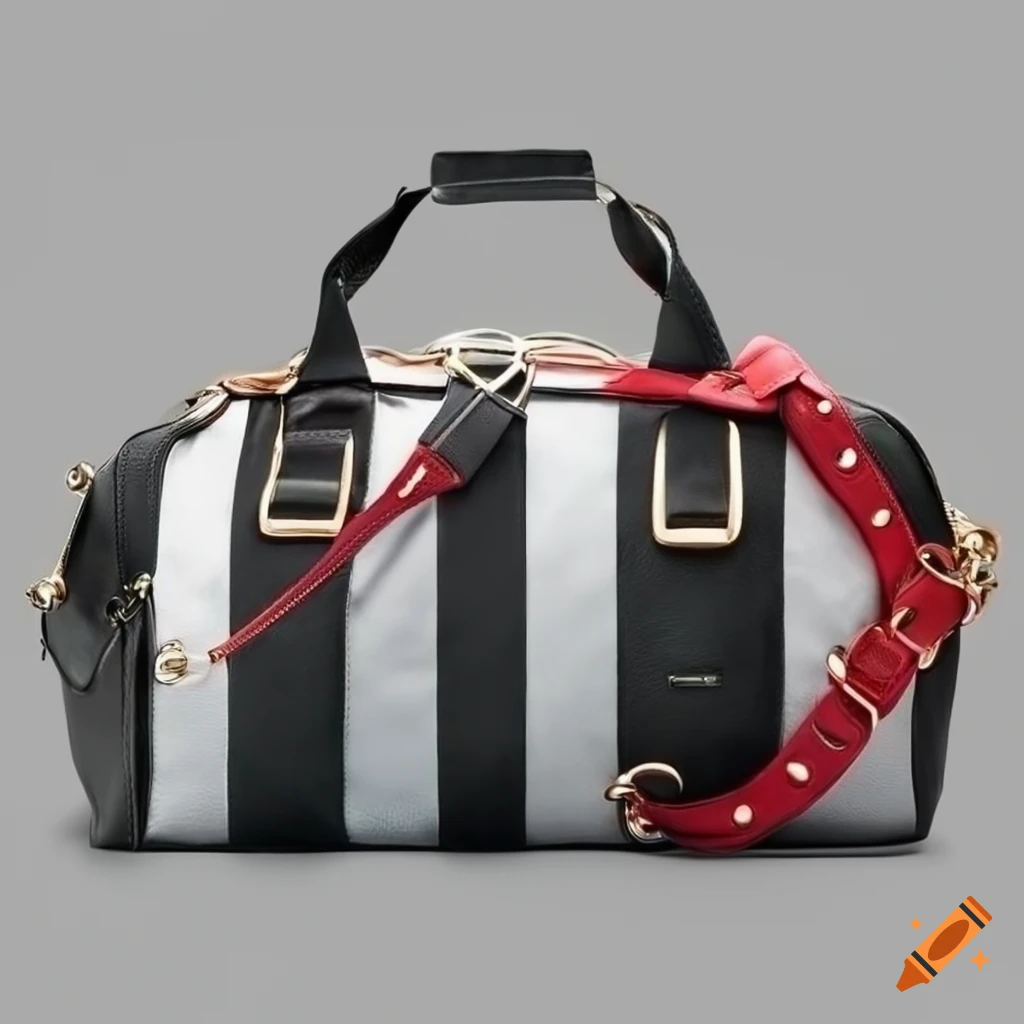 black leather duffel bag with red and white details
