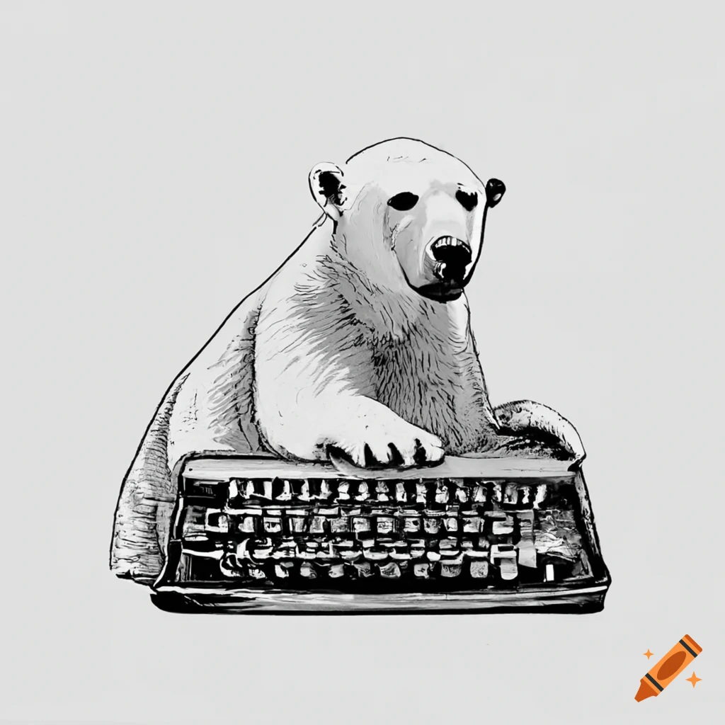 polar bear sitting with a typewriter in the arctic