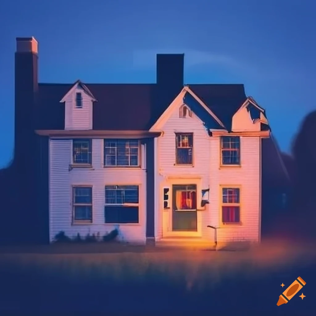 suburban house with a lit window at evening